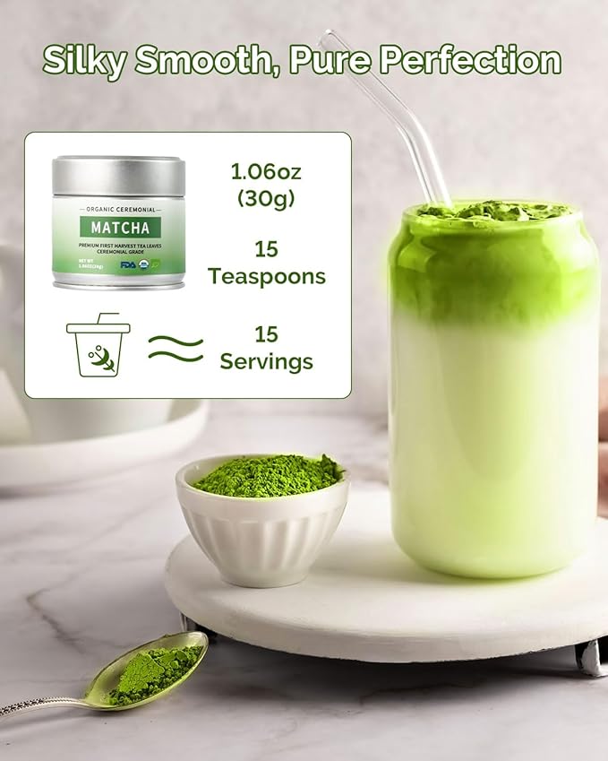 Organic Ceremonial Grade Matcha Green Tea Powder for Cafe Quality Tea & Lattes, Vegan & Gluten-Free, 1.06OZ