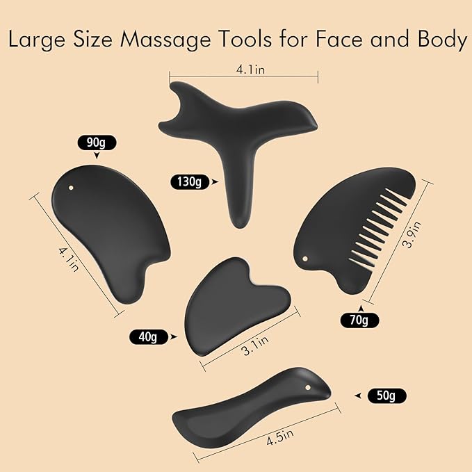 5 Pcs Bian Stone Guasha Tools, Natural Scraping Massage Set for Whole Body, Gua Sha Facial Tool for Daily Skincare, Trigger Point Massage Tool for Deep Relaxing and Pain Relief