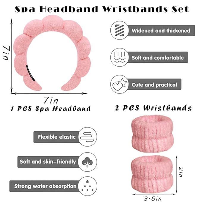 Spa Headbands for Washing Face Wristband Set Sponge Makeup Skincare Headband Wrist Towels Bubble Soft Terry Towel Cloth Hairband for Women Puffy Headwear Non Slip Thick Thin Hair Headwear (Peach pink)