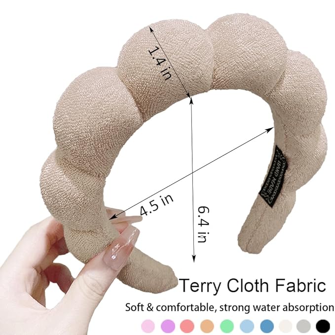 Spa Headbands for Washing Face or Makeup, Sponge Bubble Skincare Headbands, Puffy Terry Cloth Hairband for Women, Skin Care Makeup Headwear Hair Accessories for Girls (Coffee)