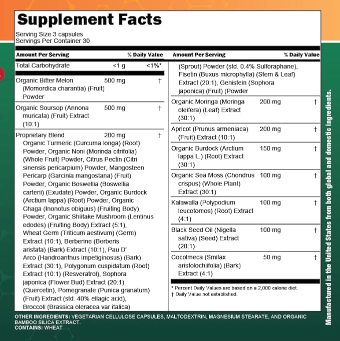 Clean Nutra Soursop Supplement Moringa Sea Moss Black Seed Oil Berberine Turmeric Resveratrol Quercetin Greens Bitters Boswellia Bitter Melon Burdock Root Antioxidant Support 90 Capsules