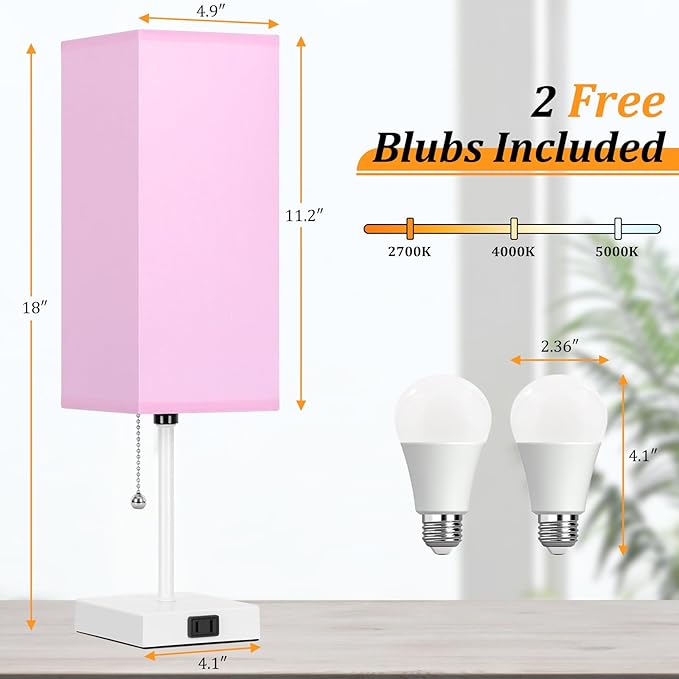 18'' Table Lamp for Bedroom set of 2,3-Color Bedside Lamps with Pull Chain Table Lamps for Night stands ,Small Night Light Lamps with 2 Bulbs Lamps for Living Room Kids Room Office Decor(Pink+White)