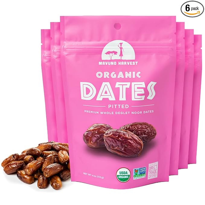 Mavuno Harvest Pitted Dates Dried Fruit Snacks | Organic Dried Dates | Healthy Snacks for Kids and Adults| Deglet Noor Dates | No Sugar Added, Vegan, Non GMO | Resealable 4 Ounce Bags, Pack of 6