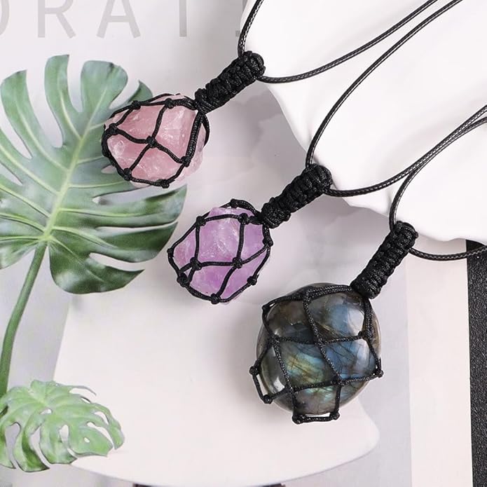 Handmade Natural Gemstone Crystal Pendant Necklace Stone Holder Necklace Cord Net Necklace with Adjustable Length for Women Men