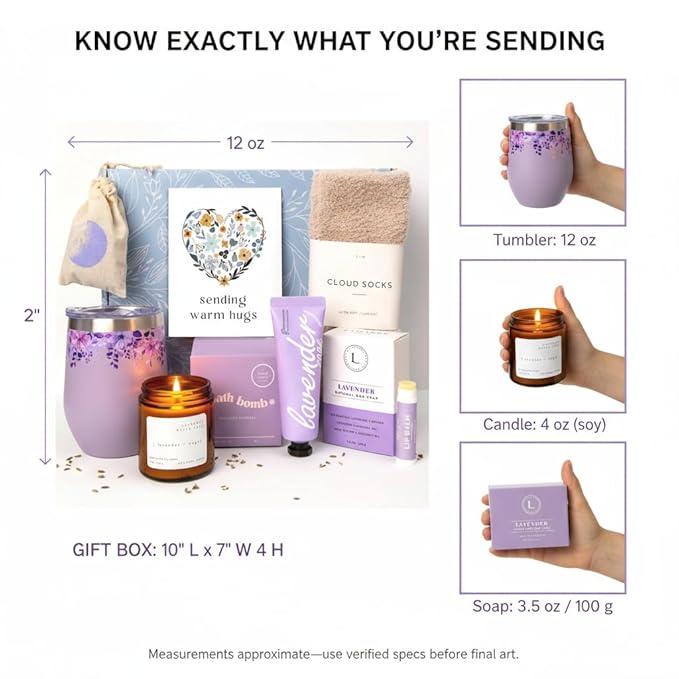 Unboxme Lavender Spa Gift Basket For Women - Mother's Day Relaxation Gift Set with Scented Candle, Wine Tumbler, Bath Bomb, Soap, Socks & Hand Cream - Self Care Package with Card