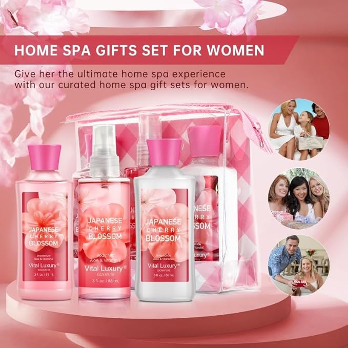 Bath and Body Gift Set for Women & Girls, Japanese Cherry Blossom Spa Set With Natural Extracts-Shower Gel, Body Lotion, Body Mist, Body Care Travel Set for Birthday Mother's Day Gifts