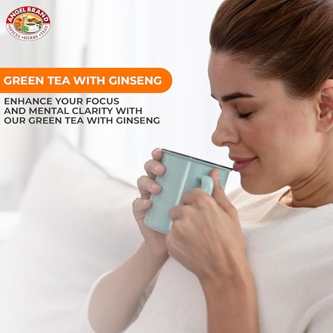 Angel Brand Green Tea with Ginseng Tea Bags 25 – Energizing & Rich Herbal Blend Created From Camellia Sinensis Plant Leaves & Ginseng Root - Enjoy Balanced Flavor & Rich Nutrients With Health Benefits