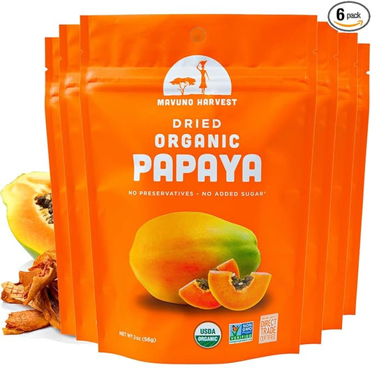 Mavuno Harvest Papaya Dried Fruit Snacks | Organic Dried Papaya Slices | Gluten Free Healthy Snacks for Kids and Adults | No Sugar Added, Vegan, Non GMO, Direct Trade | 2 Ounce, Pack of 6