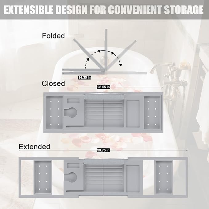 Bathtub Tray Caddy, Expandable Bath Trays for Tub, Bamboo Shelf & Table with Wine Glass Holder,Bathroom Accessories for New Home & Mothers Day & Birthday Gifts for Mom,Gray