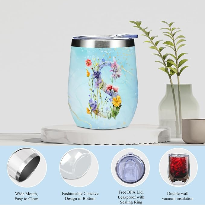 Personalized Gifts Monogrammed Birthday Gifts for Women, New Mom, Grandma Valentine's Day Thank You Christmas, Initial Wine Tumbler Makeup Bag Scented Candle Bracelet Set, (Aesthetic Blue Flower S)