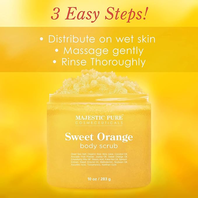 Majestic Pure Sweet Orange Body Scrub for All Natural Skin Care - Exfoliating Multi Purpose Body and Facial Scrub Moisturizes and Nourishes Face and Skin - 10 oz - Great Gift for Her