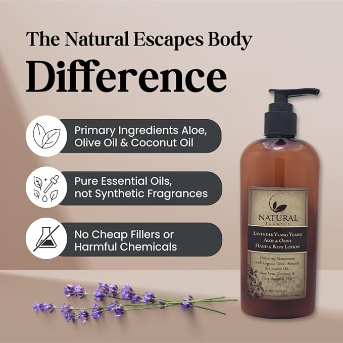 Natural Escapes Lavender Body Lotion for Dry Sensitive Skin, Eczema Relief Moisturizer with Aloe Vera, Olive Oil, Ceramides, Vitamin B5 and E, Hand and Body Cream for Women and Men, 8oz