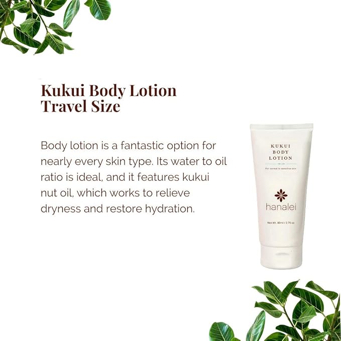 Hanalei Cruelty-Free Kukui Oil Body Lotion – Paraben-Free, Dye-Free Moisturizer with Kukui Nut Oil, Shea Butter & Jojoba for Hydrated, Soft, Nourished Skin – Travel-Friendly Size 80 ml