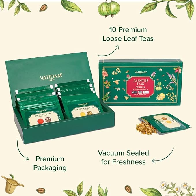 VAHDAM, Assorted Loose Leaf Tea Gift Set (10 Flavors, 100 gm) Gift Ideas for Women & Men | Herbal Tea, Green Tea, Chai Tea & Black Tea Sampler| Non-GMO, Gluten Free | Gifts for Him/Her