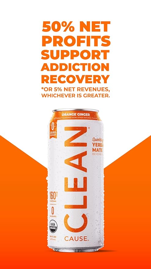 CLEAN Cause Zero Sugar Orange Ginger Yerba Mate Tea Sparkling, USDA Organic Energy Drink Alternative, Zero Calorie, 160mg Natural Caffeine, Soda Alternative, Plant-Based (16oz cans, 12-Pack Case)