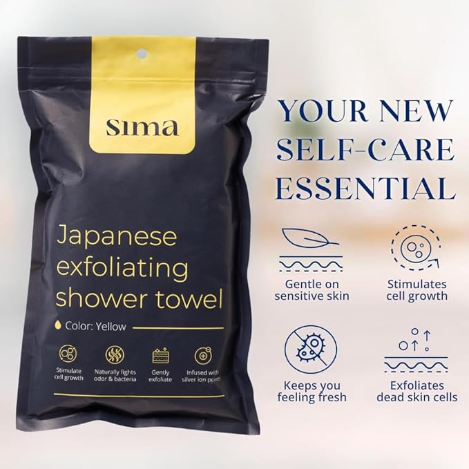 Exfoliating Washcloth Face & Body Scrub Towel - Japanese Exfoliating Towel with Hexagon Fibers, Body Scrubber with 2 Sides for Scrubbing & Washing, Extra Long Body Towel (Yellow)
