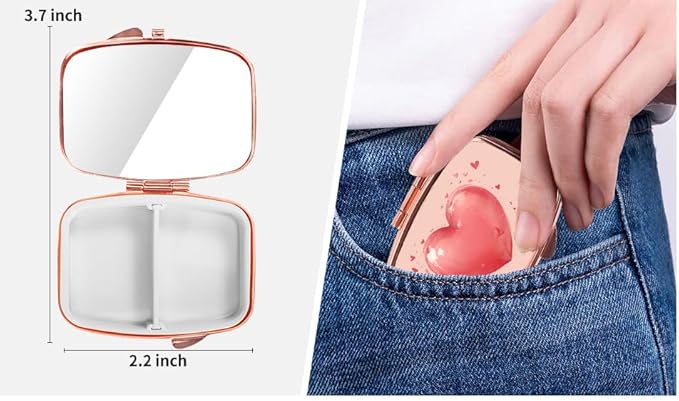 Dynippy Pill Case Pill Box with Mirror Retro Pocket 2 Compartment Medicine Case Vitamin Pill Organizer for Pocket Purse and Travel (Rose Gold- Red Heart Pattern)