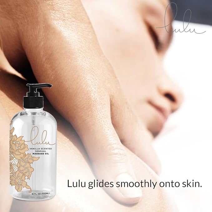 Lulu Vanilla Massage Oil with Fractionated Coconut & Cocoa Butter, Deeply Nourishing Non-Greasy Body Oil for Smooth Skin & Relaxation, for Date Night, Couples Massage & Massage Therapy, 16 fl oz Pump