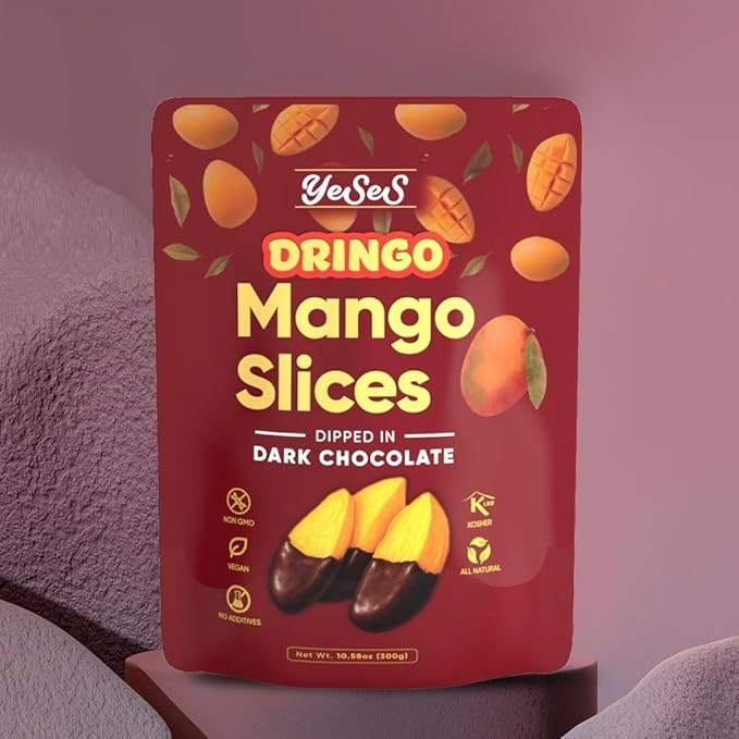 Mango Slices Dipped in Dark Chocolate Dringo Yeses – Premium Dried Mango Snack, Non-GMO, Vegan, Kosher, All-Natural, No Additives, 10.58 oz (300g) Resealable Bag (1 Pack)