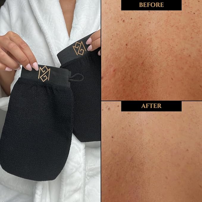 Exfoliating Glove Kessa Mitt Body Scrubber - Dead Skin Remover Shower Glove for Dead Skin Scrubbing and Deep Pore Cleansing - by MoroccanSource (1 Pack Black with soap Sample)