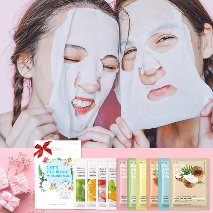 Kaely 10 Pack Variety Sheet Masks, Spa Party Face Masks for Kids Skin Care, Facial Mask Skincare Set Korean, Moisturize Nourish for All Skin Types, Christmas Gifts for Women Men Girls, Set12