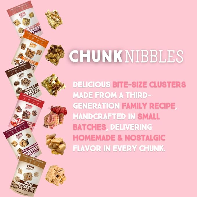 Chunk Nibbles Variety Snack Pack - S'mores, Vanilla, & Peanut Butter Chocolate Clusters - Gourmet Sweet & Salty Treat - Handcrafted, No Artificial Colors - 4.25oz Resealable Pouch (3 Pack)