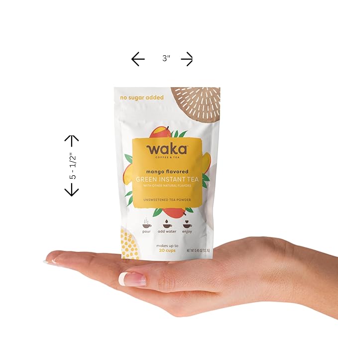Waka Instant Green Tea Mix, Mango Flavored - 100% Tea Leaves, No Additives, Unsweetened Sample/Travel Size Tea Powder - Easy Quick Hot and Iced Teas, Up to 20 Cups or 5 Quarts (.45oz)
