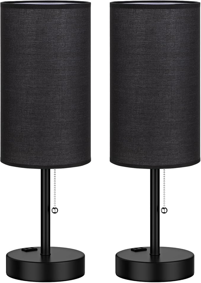 Fenmzee Large Black Bedside Lamps Set of 2-3 Color Temperatures Pull Chain Lamp with AC Outlet Charging Port, Two Round Night Stand Lamps for Bedroom Guest Room Office, Bed Side Light