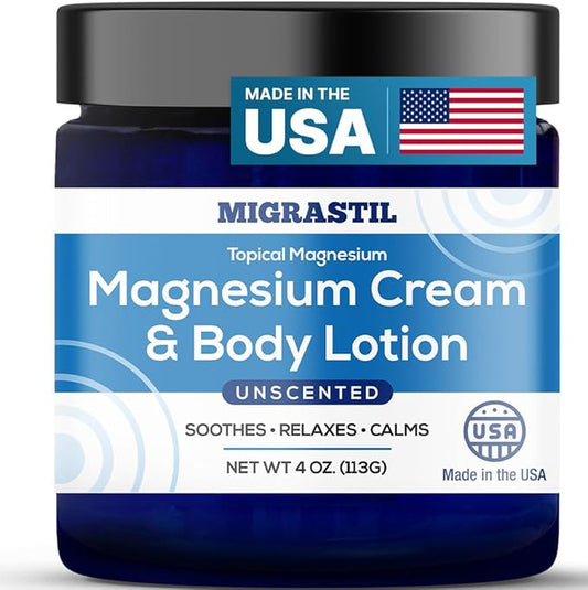 MIGRASTIL Topical Magnesium Cream & Body Lotion 4oz. - Promotes Sleep and Soothing Relief for Sore Muscles, Leg Cramps, Etc. Made in The USA.