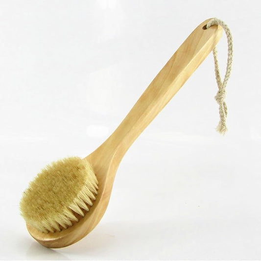11.8“ Long Handle Dry Bath Body Brush Back Scrubber, Wooden Handle Shower Brush with Natural Boar Bristles, Good for Exfoliating, Cellulite, Detox, Blood Circulation, etc.