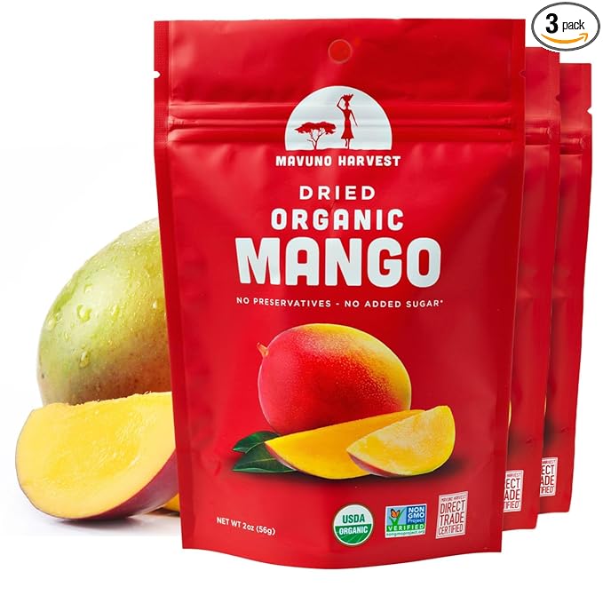 Mavuno Harvest Mango Dried Fruit Snacks | Unsweetened Organic Dried Mango Slices | Gluten Free Healthy Snacks for Kids and Adults | Vegan, Non GMO, Direct Trade | 2 Ounce, Pack of 3