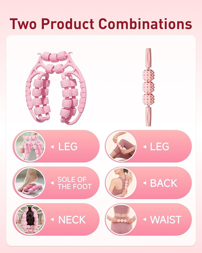Massage Roller for Legs,21 Wheel Circular Leg Clamp+3 Wheel Massage Roller Stick Lymphatic Massage for Relieve Soreness Stiffness Tight Muscles Deep Tissue-Pink