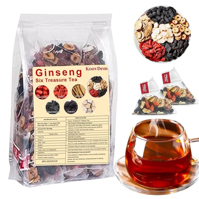 New Ginseng Six Treasure Herbal Tea,Red Date Wolfberry Mulberry Health Tea Bags for Women & Men,30 Bags(1PC)