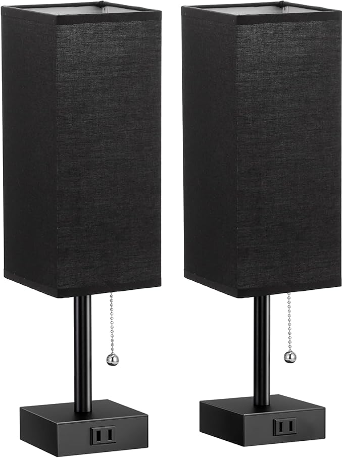 Fenmzee Black Table Lamps for Bedroom Set of 2 - Nightstand Lamp with AC Outlet Charging Port, 3 Color Temperatures Desk Light with Bulb, Small Tabletop Reading Lamp for Living Room/Dorm/Office