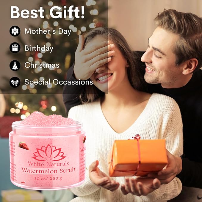 Organic Pink Watermelon Body Scrub, Pure Natural Gentle Exfoliator For Smooth & Soft Skin, Best Shower Exfoliating Salt Skincare Scrub, Hydrating & Moisturizing Face Foot Hands, Great Gift for Women