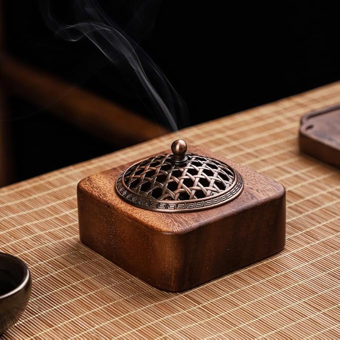 Square Incense Burner Holder - 4" Handcrafted Walnut Wood Censer with Metal Alloy Lid | Natural Incense Stick/Bowl Tray for Yoga & Meditation | Luxury Home Decor Gift for Zen Lovers
