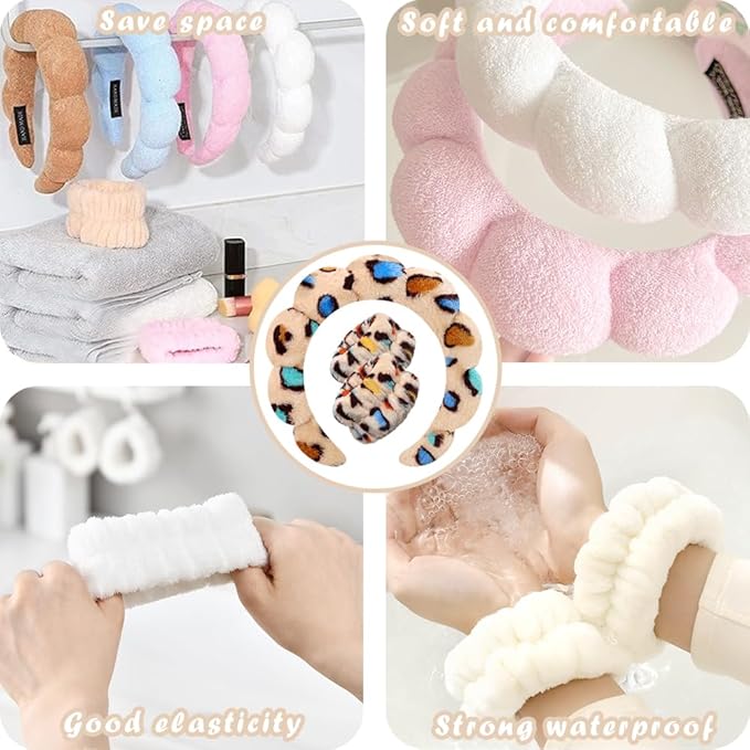 Spa Headbands for Washing Face Wristband Set Sponge Makeup Skincare Headband Wrist Towels Bubble Soft Terry Towel Cloth Hairband for Women Puffy Headwear Non Slip Thick Thin Hair Headwear