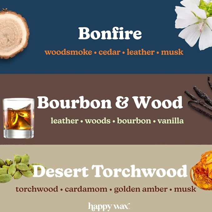 Happy Wax Fan Man Cave Collection Scented Natural Soy Wax Melts – 6 Total Oz. of Scented Wax Melts, Collection Includes Desert Torchwood, Bourbon & Wood and Bonfire