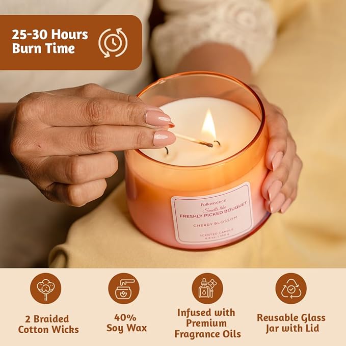 Folkulture Scented Candle | 8.81 Oz - Cherry Blossom Candles for Home Scented | Soy Candle or Non Toxic Candles for Relaxing | Long Lasting Pink Candle for Relaxation Gifts for Women