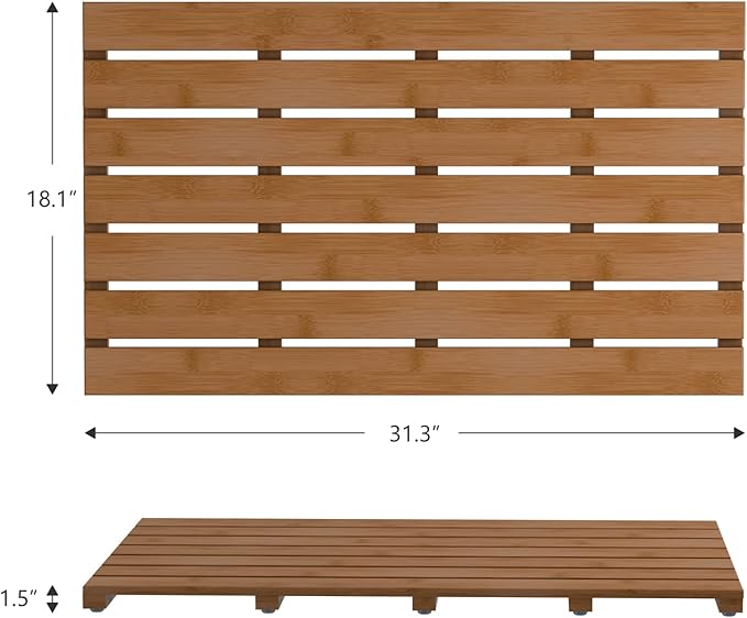 Domax Wooden Bamboo Bath Shower Mat- Non-Slip Waterproof Large Bathroom Floor Mat for Indoor Outdoor (Walnut, 31.3 x 18.1 x 1.5 Inches)