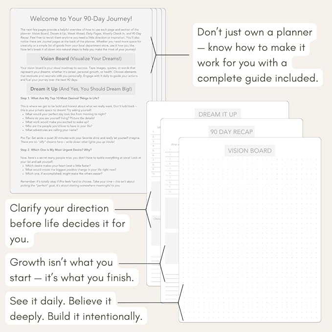 Pland Studio 90-Day Planner Journal β Undated Daily Goal Organizer in Alabaster Linen | Gratitude Journal, Habit Tracker, Vision Board, and Reflection Pages for Mindful Planning