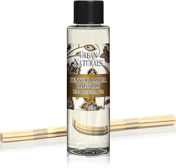Urban Naturals Reed Diffuser Oil Refill, Sensual Amber Blossoms Fragrance Oil with Jasmine, Amber, Vanilla, 4 oz + Free Reed Sticks, Made in The USA