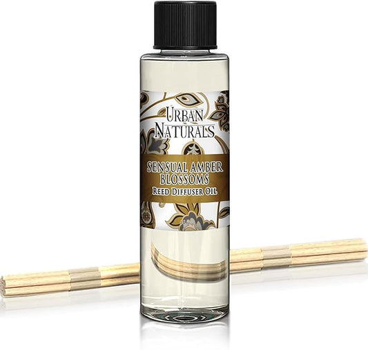 Urban Naturals Reed Diffuser Oil Refill, Sensual Amber Blossoms Fragrance Oil with Jasmine, Amber, Vanilla, 4 oz + Free Reed Sticks, Made in The USA