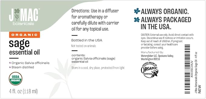 J Mac Botanicals, Organic Sage Oil (4 oz Glass Bottle, no Dropper), Organic Salvia Officinalis Essential Oil, Skincare, Massage, diffusers, Bath Bombs and Shower Steamers