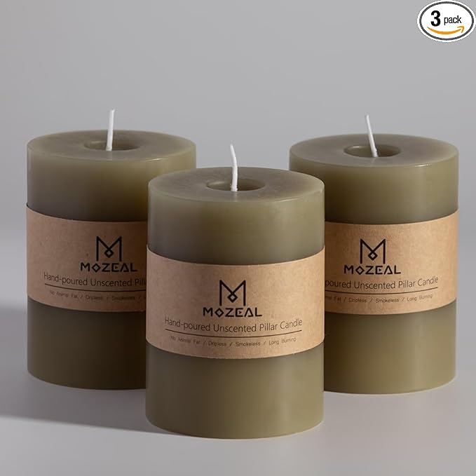 MOZEAL 3" x 4" Hand-Poured Unscented Sage Green Candle, Dripless Pale Green Pillar Candle Set of 3, Long Clean Burning, Approx 72 Hours Burn Time, Rustic Country Style, Home Decor