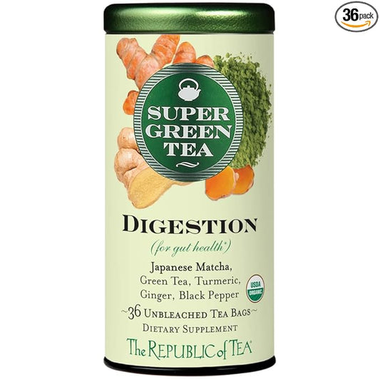 The Republic of Tea - Organic Digestion SuperGreen Tea Tin, 36 Tea Bags, Naturally Caffeinated Japanese Matcha and Green Tea