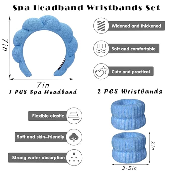 Spa Headbands for Washing Face Wristband Set Sponge Makeup Skincare Headband Wrist Towels Bubble Soft Terry Towel Cloth Hairband for Women Puffy Headwear Non Slip Thick Thin Hair Headwear (Dark blue)