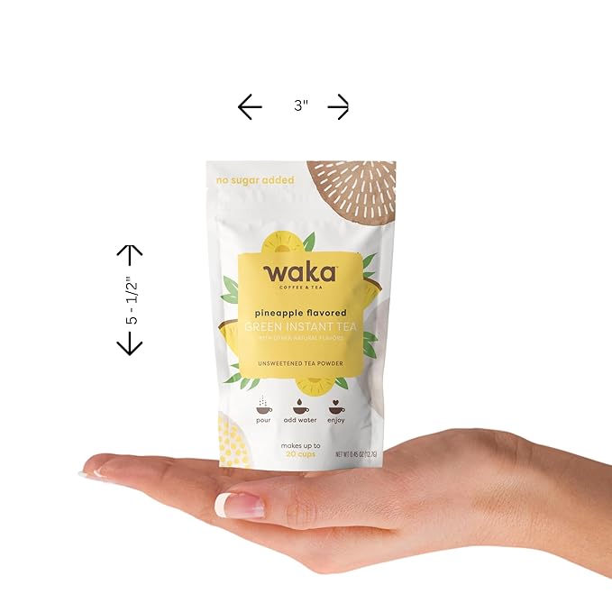 Waka Instant Green Tea Mix, Pineapple Flavored - 100% Tea Leaves, No Additives, Unsweetened Sample/Travel Size Tea Powder - Easy Quick Hot and Iced Teas, Up to 20 Cups or 5 Quarts (.45oz)