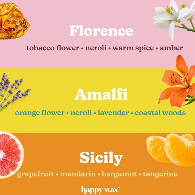 Happy Wax Italian Mix Soy Wax Melts - Includes: Sicily, Florence, Amalfi. - Over 150 Hours Burn Time (6 Oz Total)