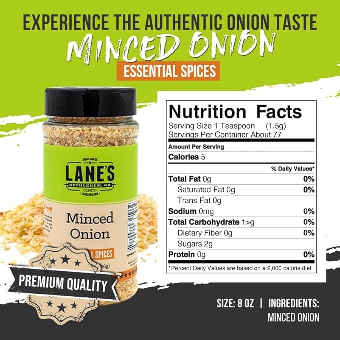 Lane's Minced Onion Flakes, All-Natural Dried Onion Flakes for Cooking Goes Well With Meats, Vegetables, Salads, and Stir-Fries, Made in USA, 8 Oz
